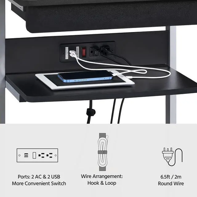 Alt view image 5 of 6 - 22 in Laptop Computer Table Home Office Desk with Power Outlet for Small Space, Mobile Compact Corner Workstation with Charging Station and USB Ports on Wheels, Student Writing Table, Black