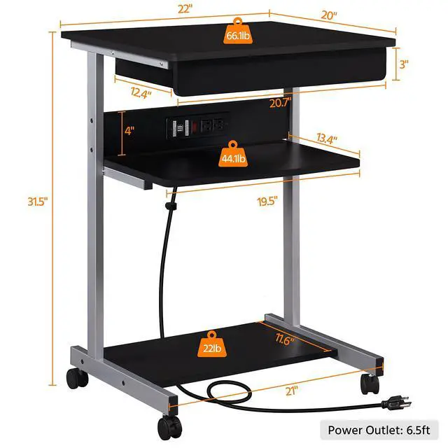 Alt view image 6 of 6 - 22 in Laptop Computer Table Home Office Desk with Power Outlet for Small Space, Mobile Compact Corner Workstation with Charging Station and USB Ports on Wheels, Student Writing Table, Black