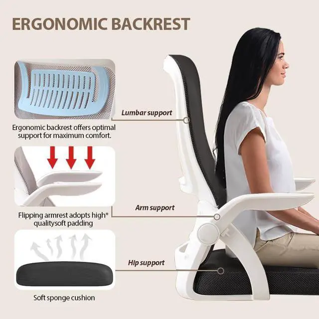 Alt view image 6 of 6 - Office Chair, Ergonomic Desk Chair Breathable Mesh Chair Swivel Chair with Flip-Up Arms and Lumbar Support Computer Chair for Home Office