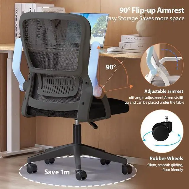 Alt view image 5 of 6 - Office Chair, Ergonomic Desk Chair Breathable Mesh Chair Swivel Chair with Flip-Up Arms and Lumbar Support Computer Chair for Home Office