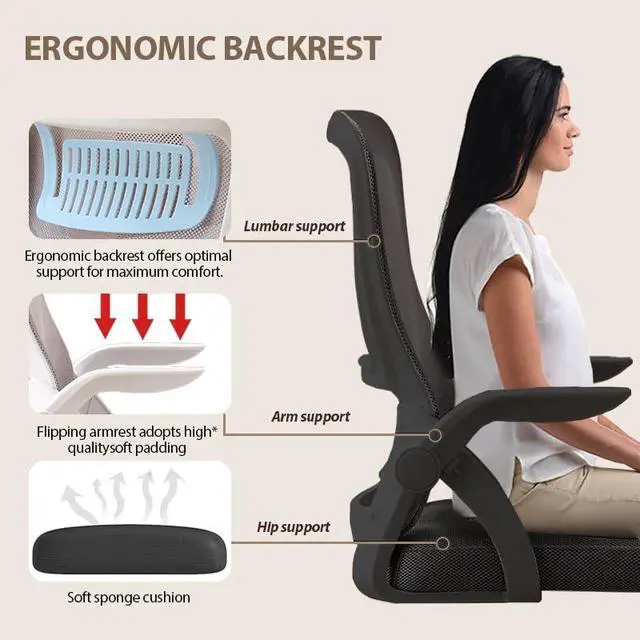 Alt view image 6 of 6 - Office Chair, Ergonomic Desk Chair Breathable Mesh Chair Swivel Chair with Flip-Up Arms and Lumbar Support Computer Chair for Home Office