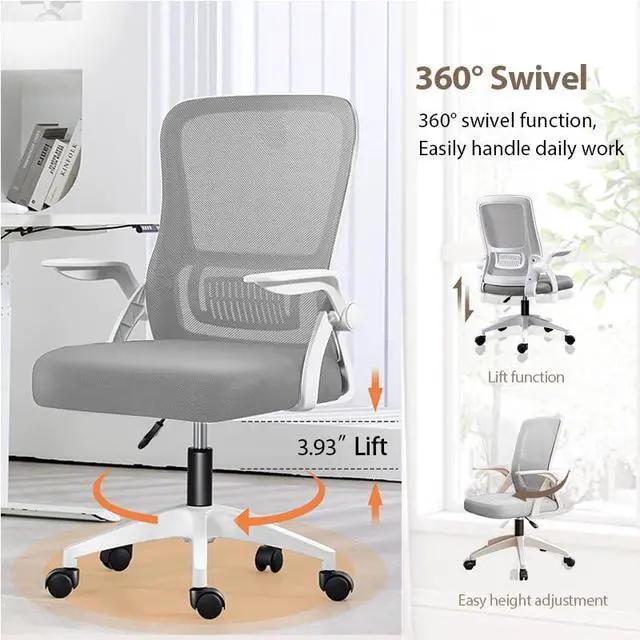 Alt view image 4 of 6 - Office Chair, Ergonomic Desk Breathable Mesh Swivel Chair with Flip-Up Arms and Lumbar Support Computer for Home Office