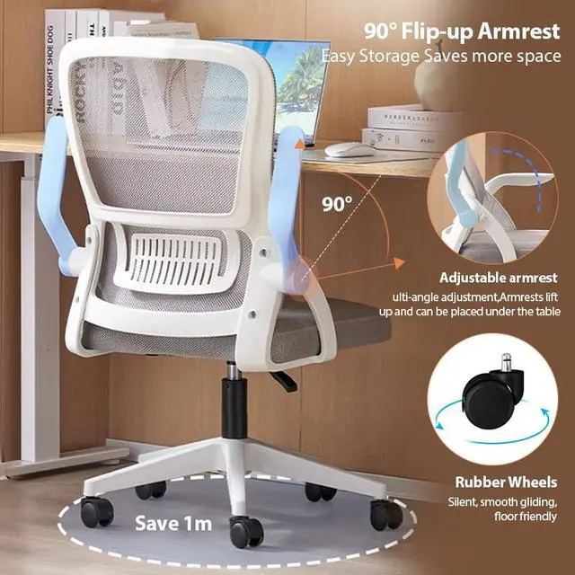 Alt view image 5 of 6 - Office Chair, Ergonomic Desk Breathable Mesh Swivel Chair with Flip-Up Arms and Lumbar Support Computer for Home Office