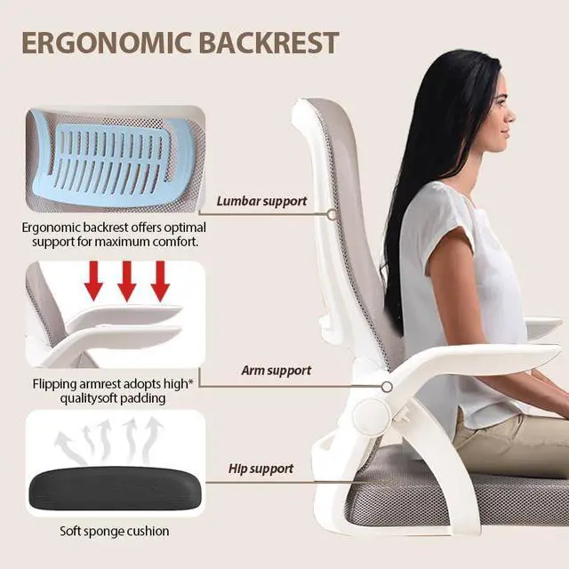 Alt view image 6 of 6 - Office Chair, Ergonomic Desk Breathable Mesh Swivel Chair with Flip-Up Arms and Lumbar Support Computer for Home Office