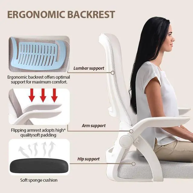 Alt view image 6 of 6 - Office Chair, Ergonomic Desk Chair Breathable Mesh Chair Swivel Chair with Flip-Up Arms and Lumbar Support Computer Chair for Home Office