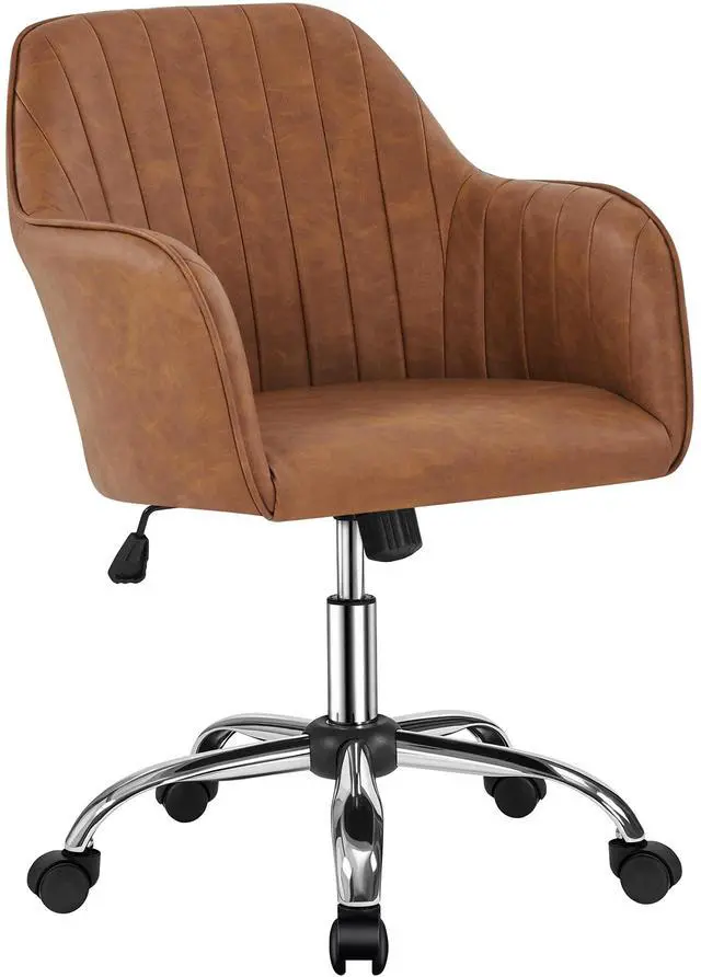 Main image of Modern Faux Leather Desk Chair Makeup Chair Height Adjustable Swivel Office Task Computer Armchair for Living Room Retro Brown