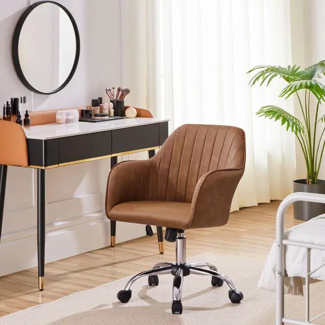 Alt view image 2 of 6 - Modern Faux Leather Desk Chair Makeup Chair Height Adjustable Swivel Office Task Computer Armchair for Living Room Retro Brown