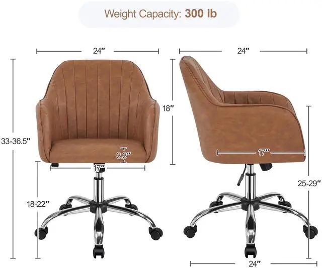 Alt view image 3 of 6 - Modern Faux Leather Desk Chair Makeup Chair Height Adjustable Swivel Office Task Computer Armchair for Living Room Retro Brown
