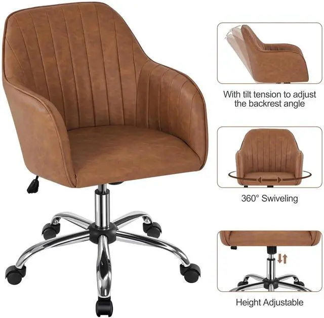 Alt view image 4 of 6 - Modern Faux Leather Desk Chair Makeup Chair Height Adjustable Swivel Office Task Computer Armchair for Living Room Retro Brown