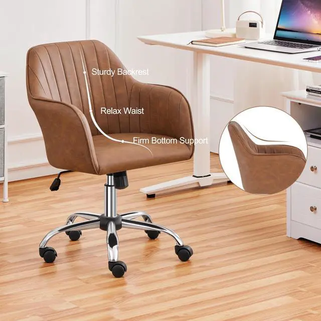 Alt view image 6 of 6 - Modern Faux Leather Desk Chair Makeup Chair Height Adjustable Swivel Office Task Computer Armchair for Living Room Retro Brown