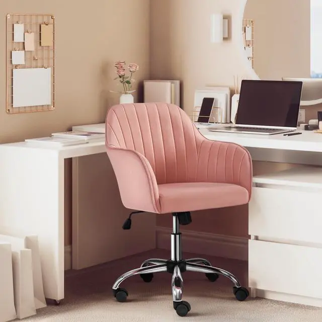 Alt view image 2 of 6 - Pink Desk Vanity Chair Comfy Modern Aesthetic Accent Armchair Height Adjustable Swivel Computer Chair for Bedroom or Office