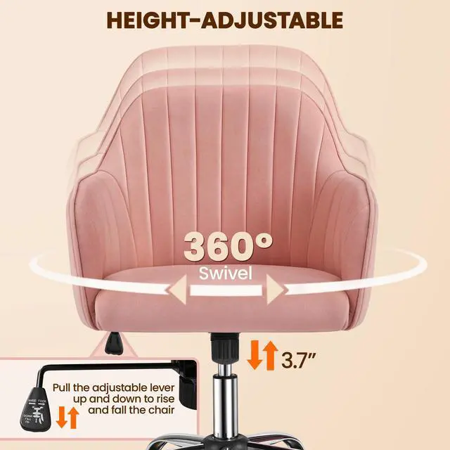 Alt view image 5 of 6 - Pink Desk Vanity Chair Comfy Modern Aesthetic Accent Armchair Height Adjustable Swivel Computer Chair for Bedroom or Office