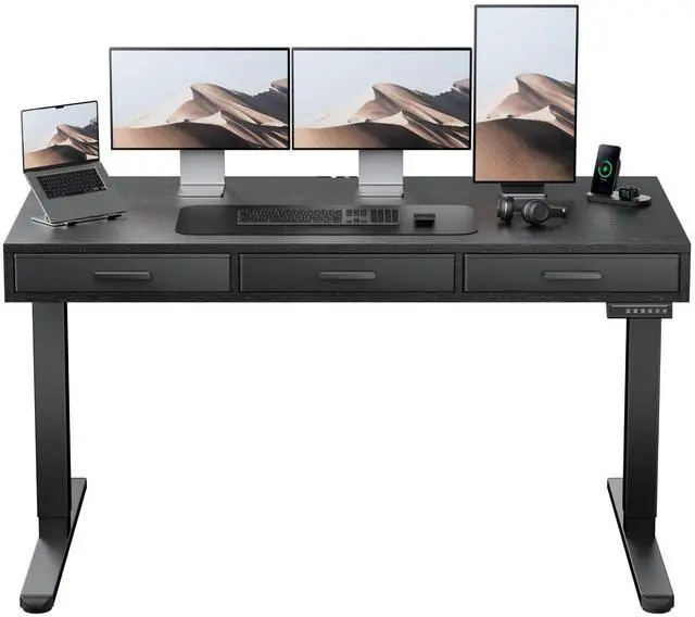 Main image of Electric Standing Desk with Drawers, C-Clamp Mount Compatible, 55 x 28 Inch Height Adjustable Sit Stand Desk, Fabric Drawers, Home Office Stand Up Desk with 4 Custom Height Settings, Black