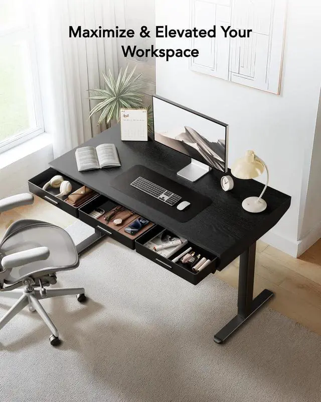 Alt view image 4 of 6 - Electric Standing Desk with Drawers, C-Clamp Mount Compatible, 55 x 28 Inch Height Adjustable Sit Stand Desk, Fabric Drawers, Home Office Stand Up Desk with 4 Custom Height Settings, Black