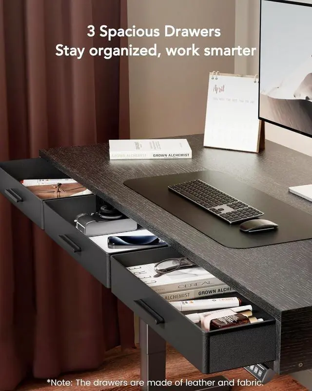 Alt view image 5 of 6 - Electric Standing Desk with Drawers, C-Clamp Mount Compatible, 55 x 28 Inch Height Adjustable Sit Stand Desk, Fabric Drawers, Home Office Stand Up Desk with 4 Custom Height Settings, Black