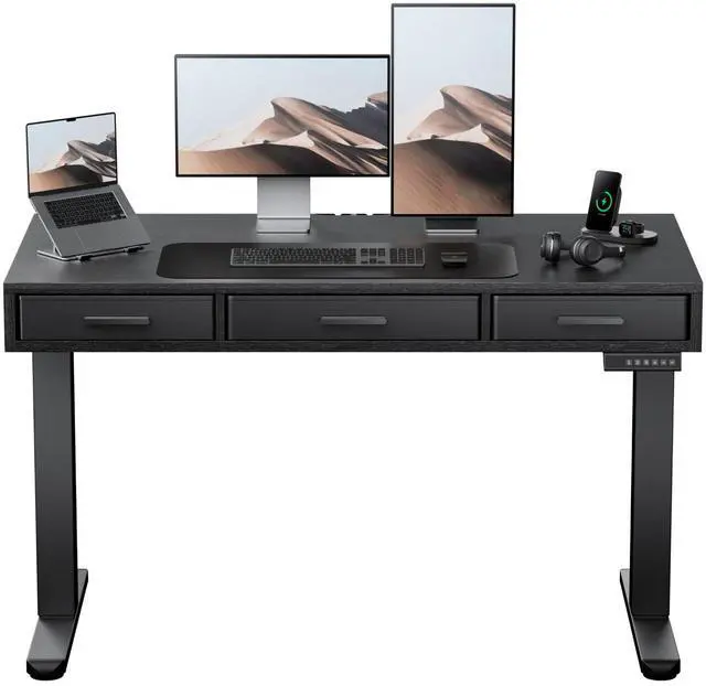 Main image of Electric Standing Desk with Drawers, C-Clamp Mount Compatible, 48 x 24 Inch Height Adjustable Sit Stand Desk, Fabric Drawers, Home Office Stand Up Desk with 4 Custom Height Settings, Black