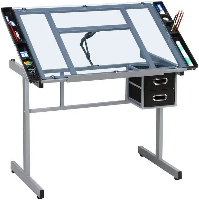 Main image of Drawing Desk Adjustable Glass Drafting Study Table for Diamond/Versatile Art Craft Station w/ 2 Slide Rolling Wheels and Drawers for Artist Painters Home Office