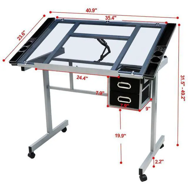Alt view image 3 of 6 - Drawing Desk Adjustable Glass Drafting Study Table for Diamond/Versatile Art Craft Station w/ 2 Slide Rolling Wheels and Drawers for Artist Painters Home Office