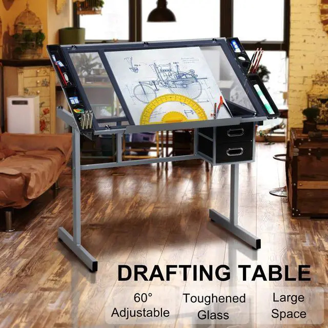 Alt view image 4 of 6 - Drawing Desk Adjustable Glass Drafting Study Table for Diamond/Versatile Art Craft Station w/ 2 Slide Rolling Wheels and Drawers for Artist Painters Home Office