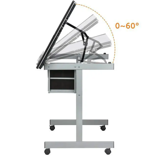 Alt view image 5 of 6 - Drawing Desk Adjustable Glass Drafting Study Table for Diamond/Versatile Art Craft Station w/ 2 Slide Rolling Wheels and Drawers for Artist Painters Home Office