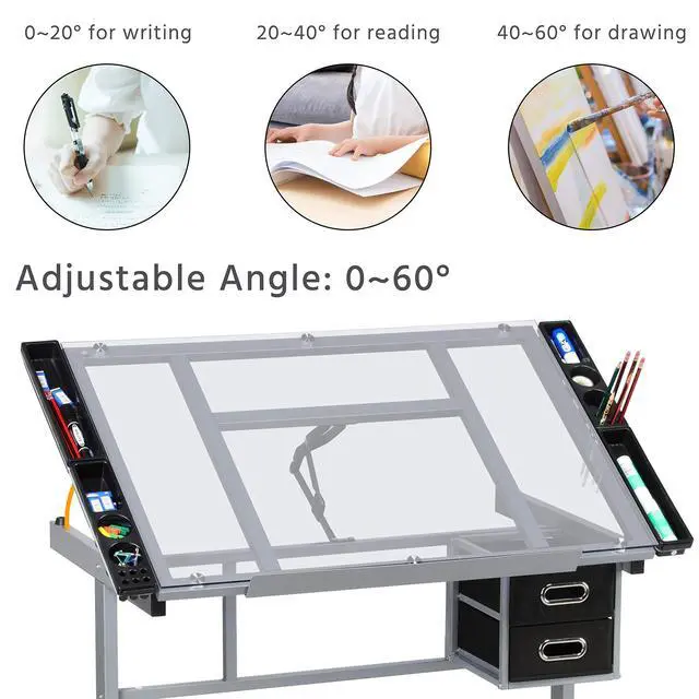 Alt view image 6 of 6 - Drawing Desk Adjustable Glass Drafting Study Table for Diamond/Versatile Art Craft Station w/ 2 Slide Rolling Wheels and Drawers for Artist Painters Home Office