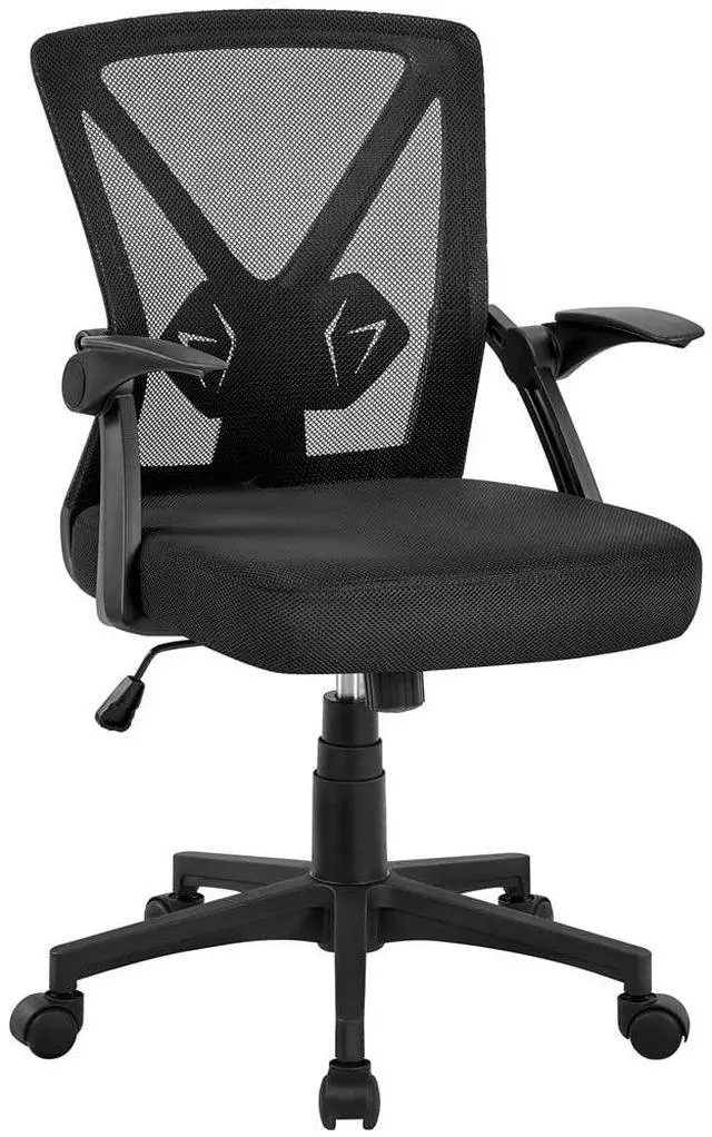 Main image of Mid-Back Mesh Task Office Desk Chair with Flip-up Arms, Black | Breathable mesh back and foam-padded seat for all-day comfort; sturdy metal frame, height adjustable, and easy to assemble