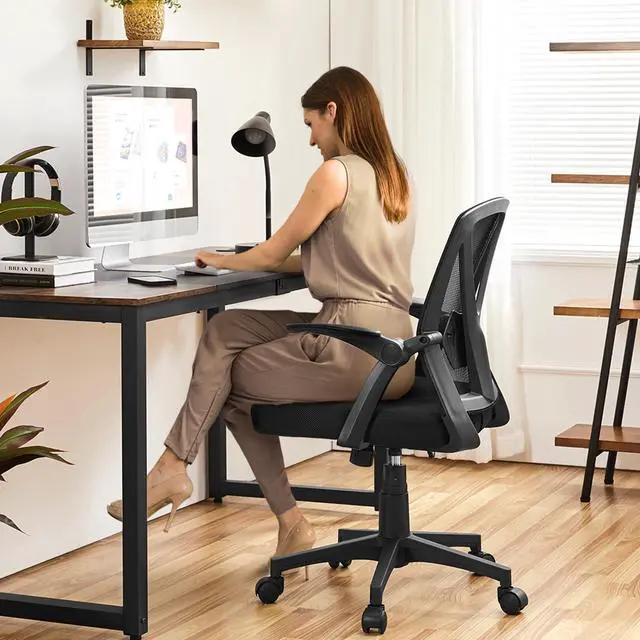Alt view image 2 of 6 - Mid-Back Mesh Task Office Desk Chair with Flip-up Arms, Black | Breathable mesh back and foam-padded seat for all-day comfort; sturdy metal frame, height adjustable, and easy to assemble
