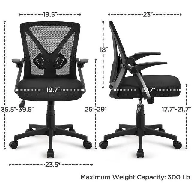 Alt view image 3 of 6 - Mid-Back Mesh Task Office Desk Chair with Flip-up Arms, Black | Breathable mesh back and foam-padded seat for all-day comfort; sturdy metal frame, height adjustable, and easy to assemble