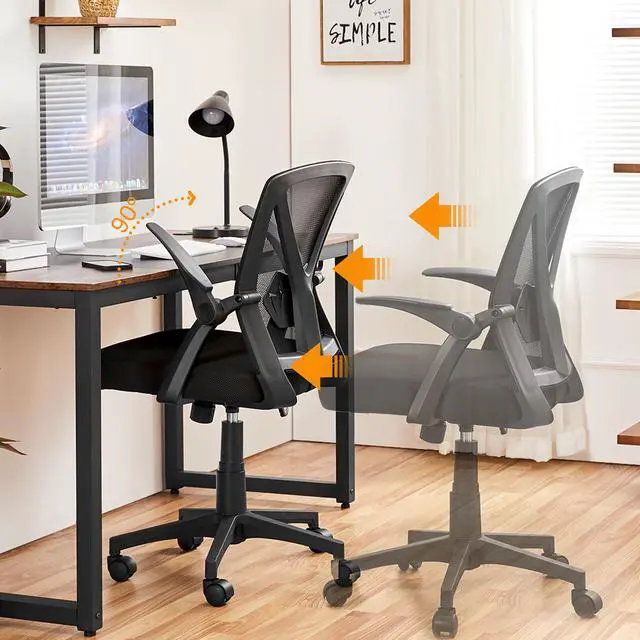 Alt view image 4 of 6 - Mid-Back Mesh Task Office Desk Chair with Flip-up Arms, Black | Breathable mesh back and foam-padded seat for all-day comfort; sturdy metal frame, height adjustable, and easy to assemble
