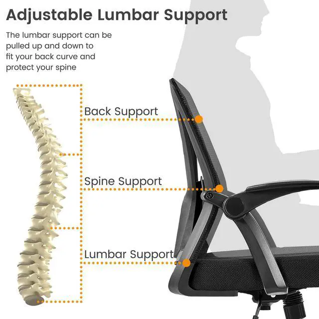 Alt view image 5 of 6 - Mid-Back Mesh Task Office Desk Chair with Flip-up Arms, Black | Breathable mesh back and foam-padded seat for all-day comfort; sturdy metal frame, height adjustable, and easy to assemble
