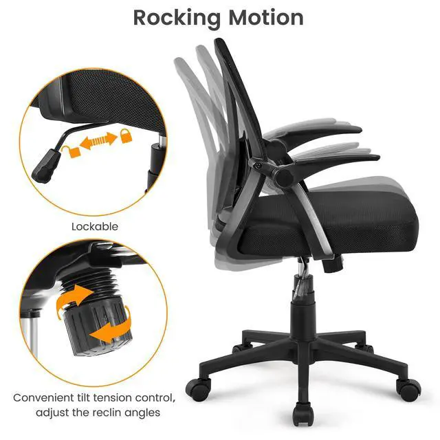 Alt view image 6 of 6 - Mid-Back Mesh Task Office Desk Chair with Flip-up Arms, Black | Breathable mesh back and foam-padded seat for all-day comfort; sturdy metal frame, height adjustable, and easy to assemble