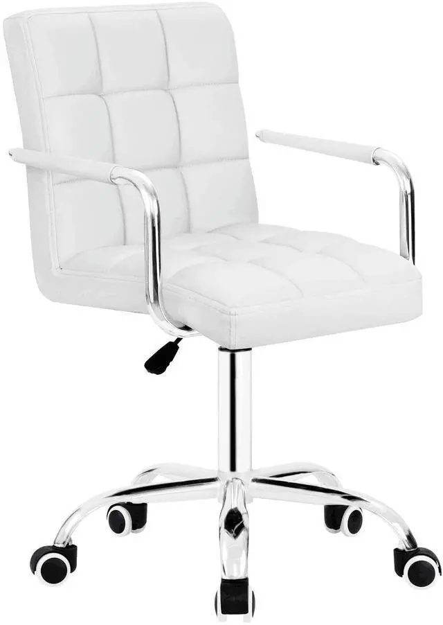 Main image of Vanity Modern Office Chair with Wheels White Desk Chair PU Leather Mid-Back Rolling Cute Task Chair for Office, Teen,Make Up,Bedroom Desks (White)