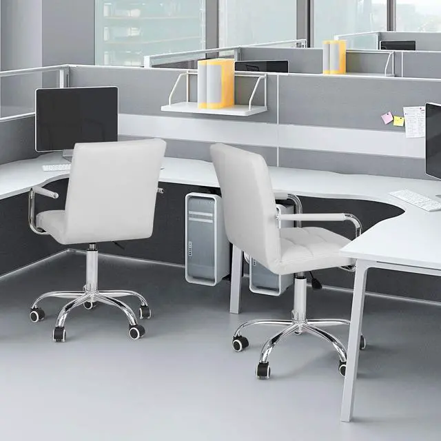 Alt view image 2 of 6 - Vanity Modern Office Chair with Wheels White Desk Chair PU Leather Mid-Back Rolling Cute Task Chair for Office, Teen,Make Up,Bedroom Desks (White)