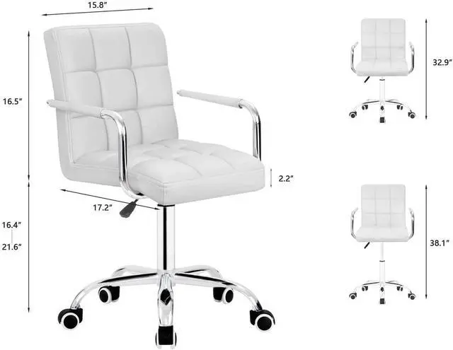 Alt view image 3 of 6 - Vanity Modern Office Chair with Wheels White Desk Chair PU Leather Mid-Back Rolling Cute Task Chair for Office, Teen,Make Up,Bedroom Desks (White)