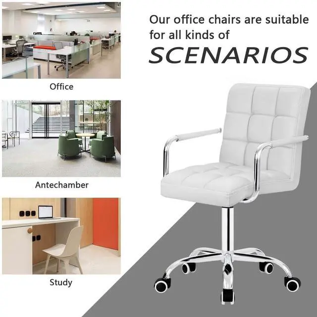 Alt view image 6 of 6 - Vanity Modern Office Chair with Wheels White Desk Chair PU Leather Mid-Back Rolling Cute Task Chair for Office, Teen,Make Up,Bedroom Desks (White)