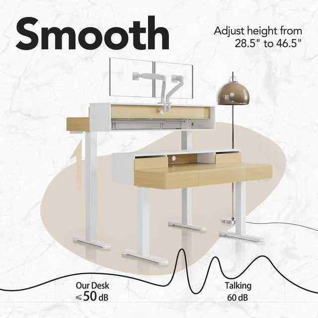 Alt view image 3 of 6 - Standing Desk with Drawers, 48 Inches Electric Height Adjustable Desk with Storage, Whole-Piece Board Sit Stand Up Desk with Monitor Shelf, Light Walnut