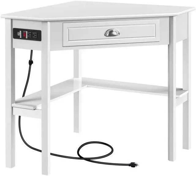 Main image of L Shaped Corner Computer Desk with Power Outlets, Reversible Triangle Workstation with USB Ports and Hook for Small Space, Modern Home Office Desk Gaming Table with Drawer & Shelf, White