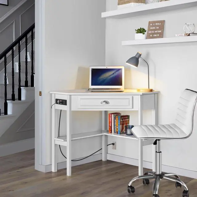 Alt view image 2 of 6 - L Shaped Corner Computer Desk with Power Outlets, Reversible Triangle Workstation with USB Ports and Hook for Small Space, Modern Home Office Desk Gaming Table with Drawer & Shelf, White
