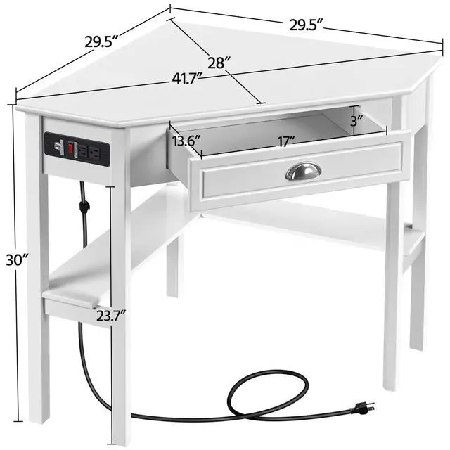 Alt view image 3 of 6 - L Shaped Corner Computer Desk with Power Outlets, Reversible Triangle Workstation with USB Ports and Hook for Small Space, Modern Home Office Desk Gaming Table with Drawer & Shelf, White