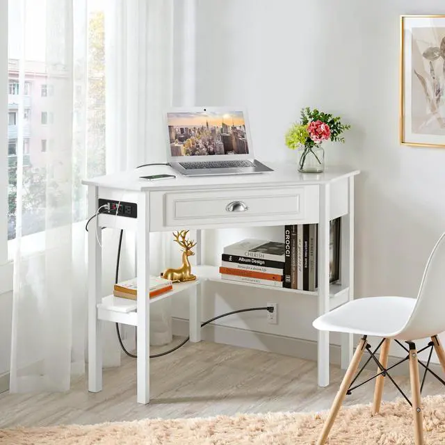 Alt view image 4 of 6 - L Shaped Corner Computer Desk with Power Outlets, Reversible Triangle Workstation with USB Ports and Hook for Small Space, Modern Home Office Desk Gaming Table with Drawer & Shelf, White