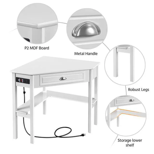 Alt view image 5 of 6 - L Shaped Corner Computer Desk with Power Outlets, Reversible Triangle Workstation with USB Ports and Hook for Small Space, Modern Home Office Desk Gaming Table with Drawer & Shelf, White