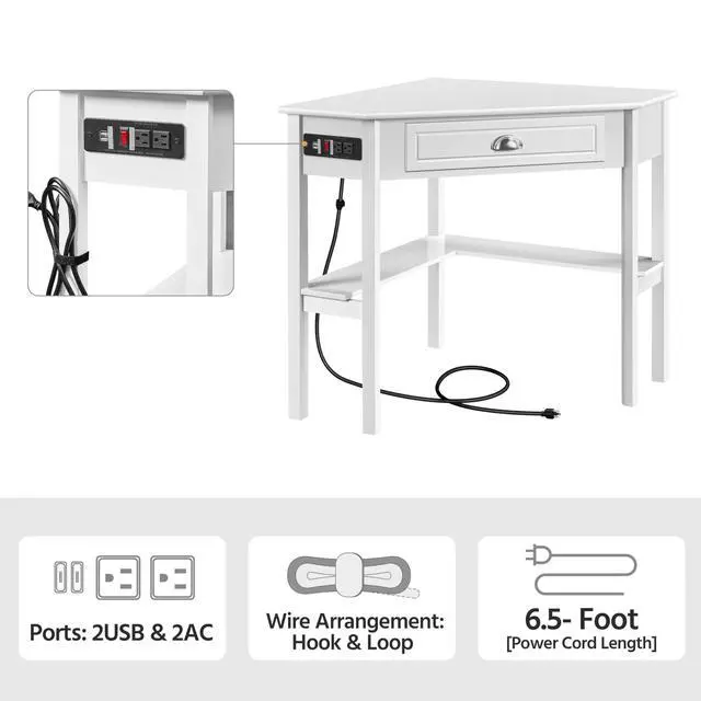 Alt view image 6 of 6 - L Shaped Corner Computer Desk with Power Outlets, Reversible Triangle Workstation with USB Ports and Hook for Small Space, Modern Home Office Desk Gaming Table with Drawer & Shelf, White