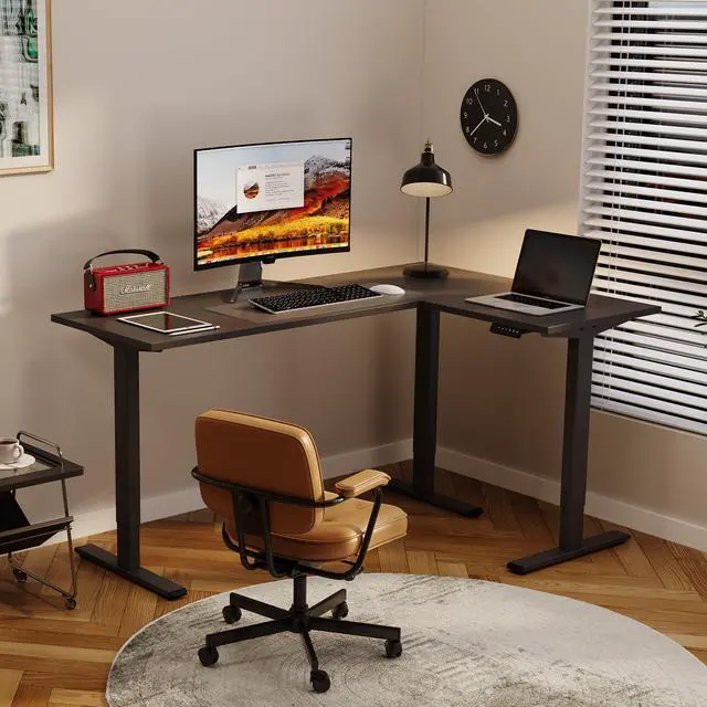 Alt view image 2 of 6 - Electric Height Adjustable 3-Leg L Shaped Standing Desk Frame, Support up to 220lbs, Sit Stand Ergonomic L Desk Frame Only, Black