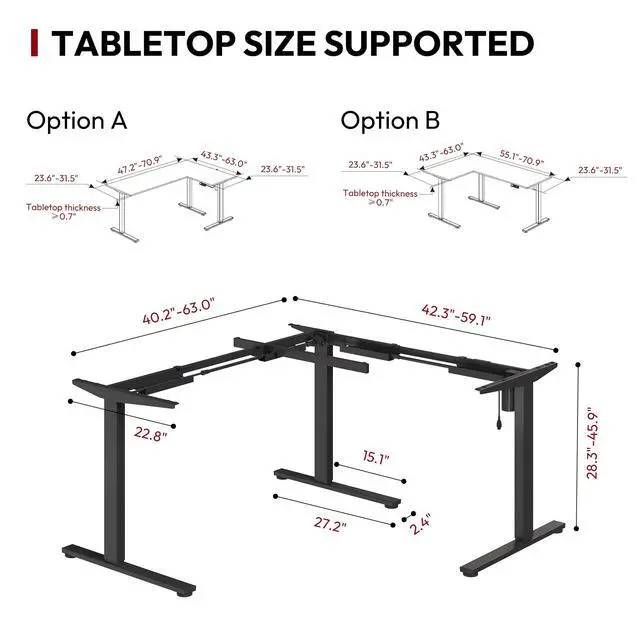 Alt view image 3 of 6 - Electric Height Adjustable 3-Leg L Shaped Standing Desk Frame, Support up to 220lbs, Sit Stand Ergonomic L Desk Frame Only, Black