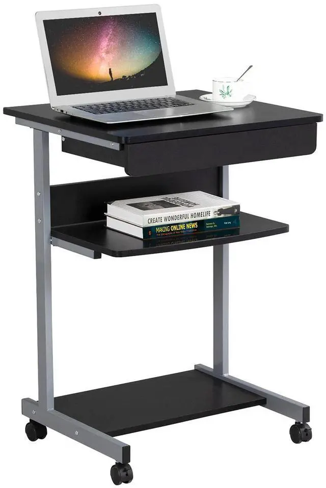 Main image of Mobile Compact Computer Desk Cart for Small Spaces, Work Workstation, Writing Desk Table with Drawers and Printer Shelf on Wheels