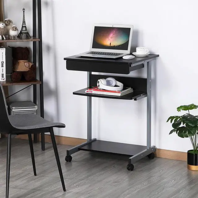 Alt view image 2 of 6 - Mobile Compact Computer Desk Cart for Small Spaces, Work Workstation, Writing Desk Table with Drawers and Printer Shelf on Wheels