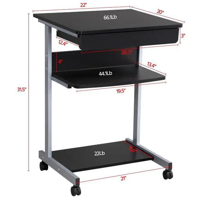 Alt view image 3 of 6 - Mobile Compact Computer Desk Cart for Small Spaces, Work Workstation, Writing Desk Table with Drawers and Printer Shelf on Wheels