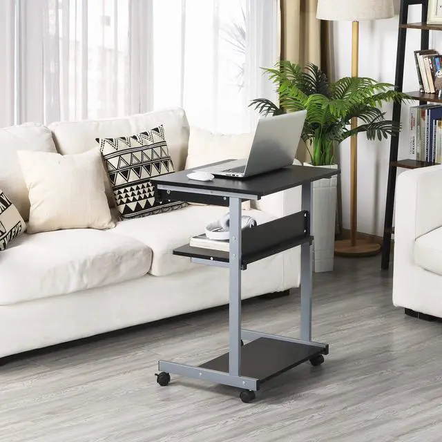 Alt view image 4 of 6 - Mobile Compact Computer Desk Cart for Small Spaces, Work Workstation, Writing Desk Table with Drawers and Printer Shelf on Wheels