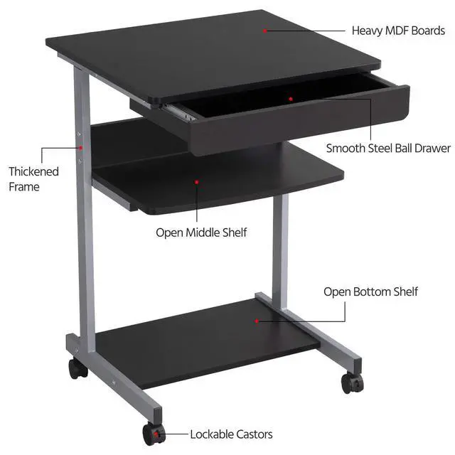 Alt view image 5 of 6 - Mobile Compact Computer Desk Cart for Small Spaces, Work Workstation, Writing Desk Table with Drawers and Printer Shelf on Wheels