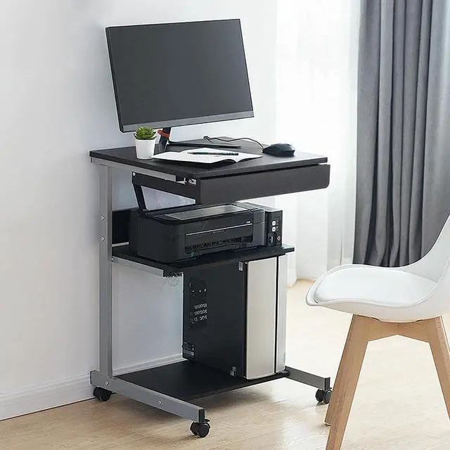 Alt view image 6 of 6 - Mobile Compact Computer Desk Cart for Small Spaces, Work Workstation, Writing Desk Table with Drawers and Printer Shelf on Wheels